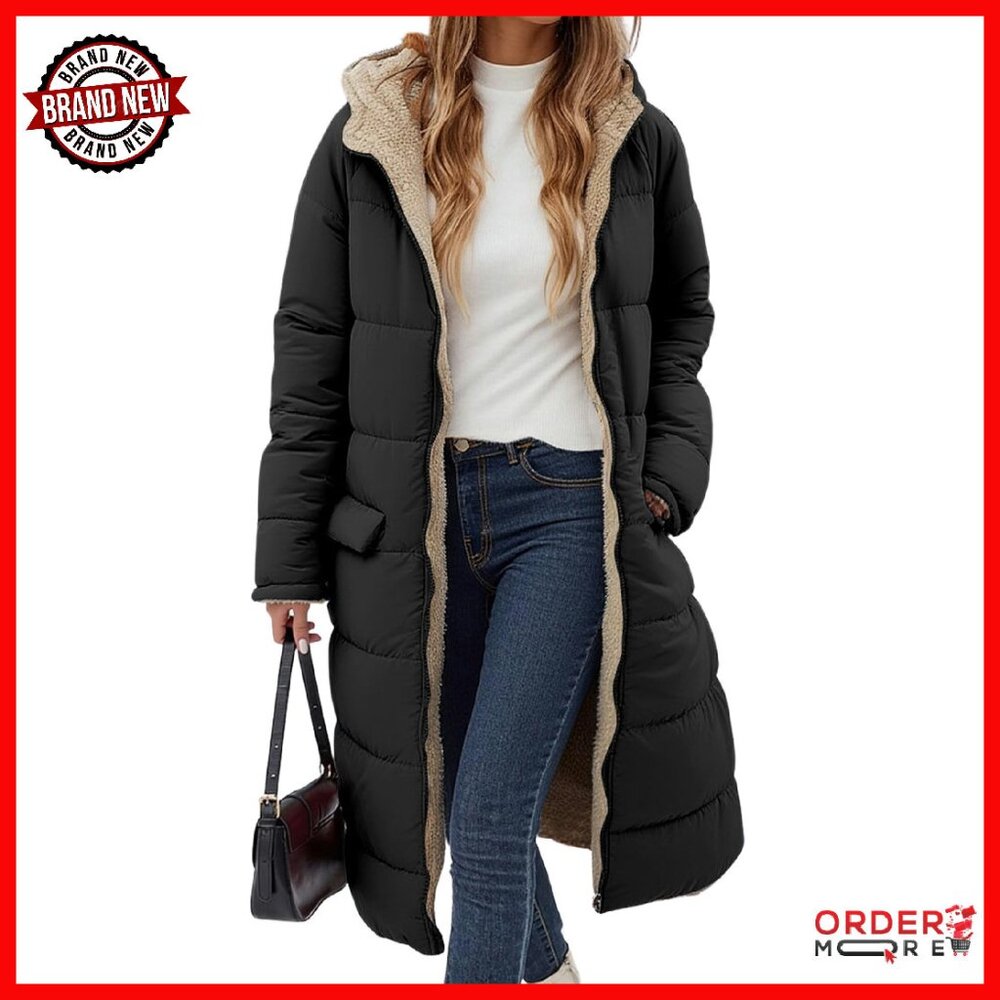 Women's Reversible Puffer Jacket Fleece Lined Hooded Parka Knee Length
